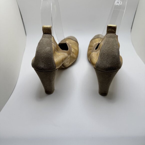 Chanel Scrunch Pumps Suede Cap Toe Leather Rubber Sole Slip-On Gold/Grey 41.5 - Picture 10 of 16